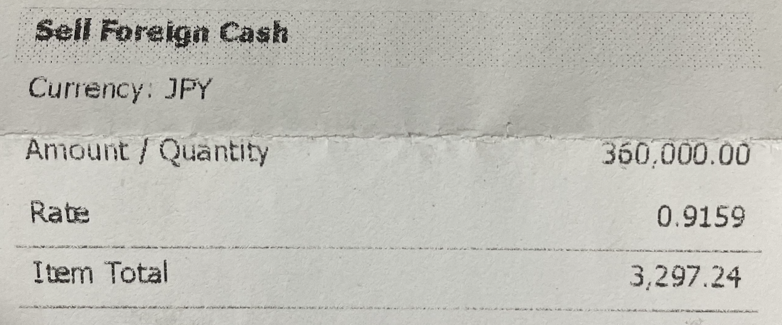 シンガポールドルを日本円へ換金したときのレシート