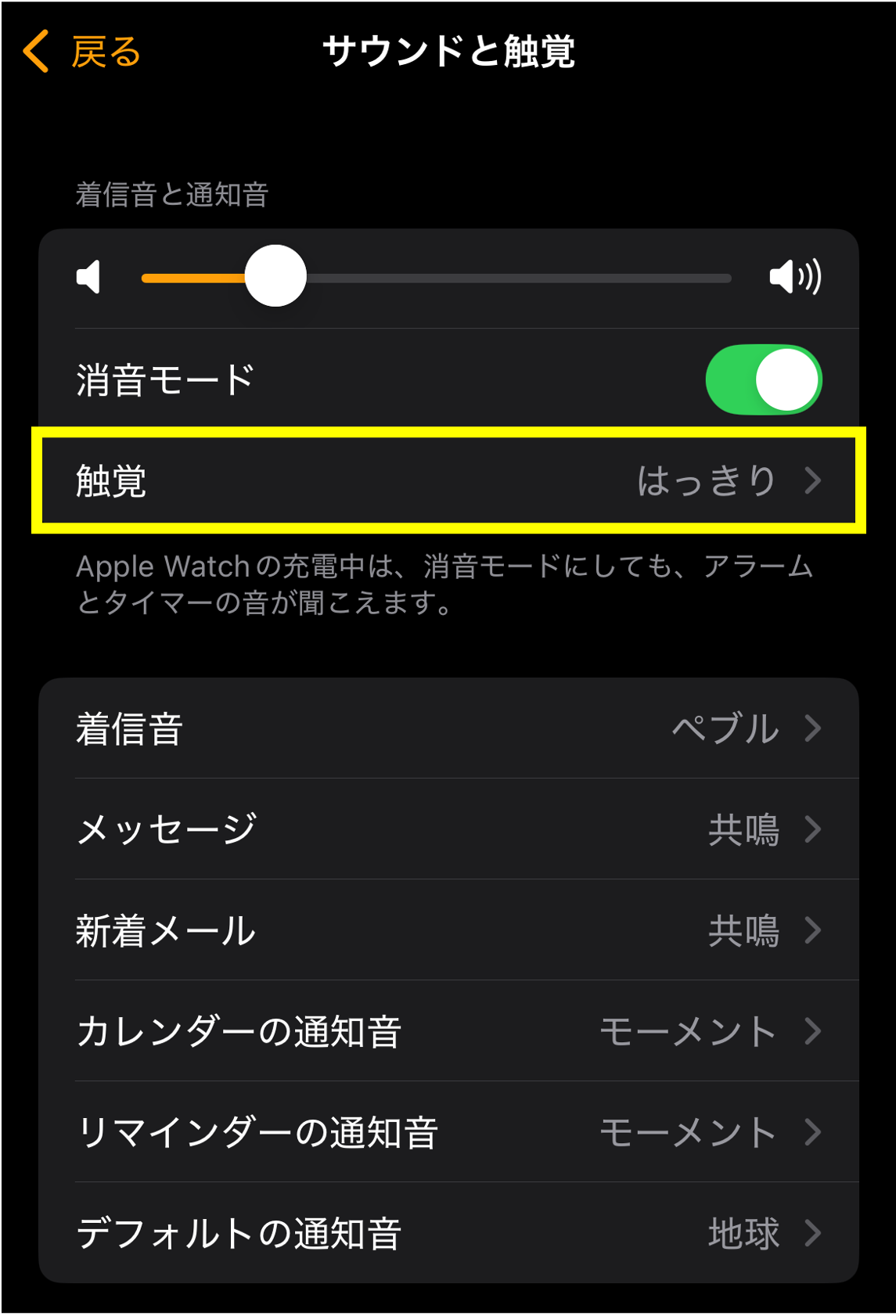 Apple Watchの触覚設定画面。触覚が「はっきり」に設定されていることを確認する方法の説明画像
