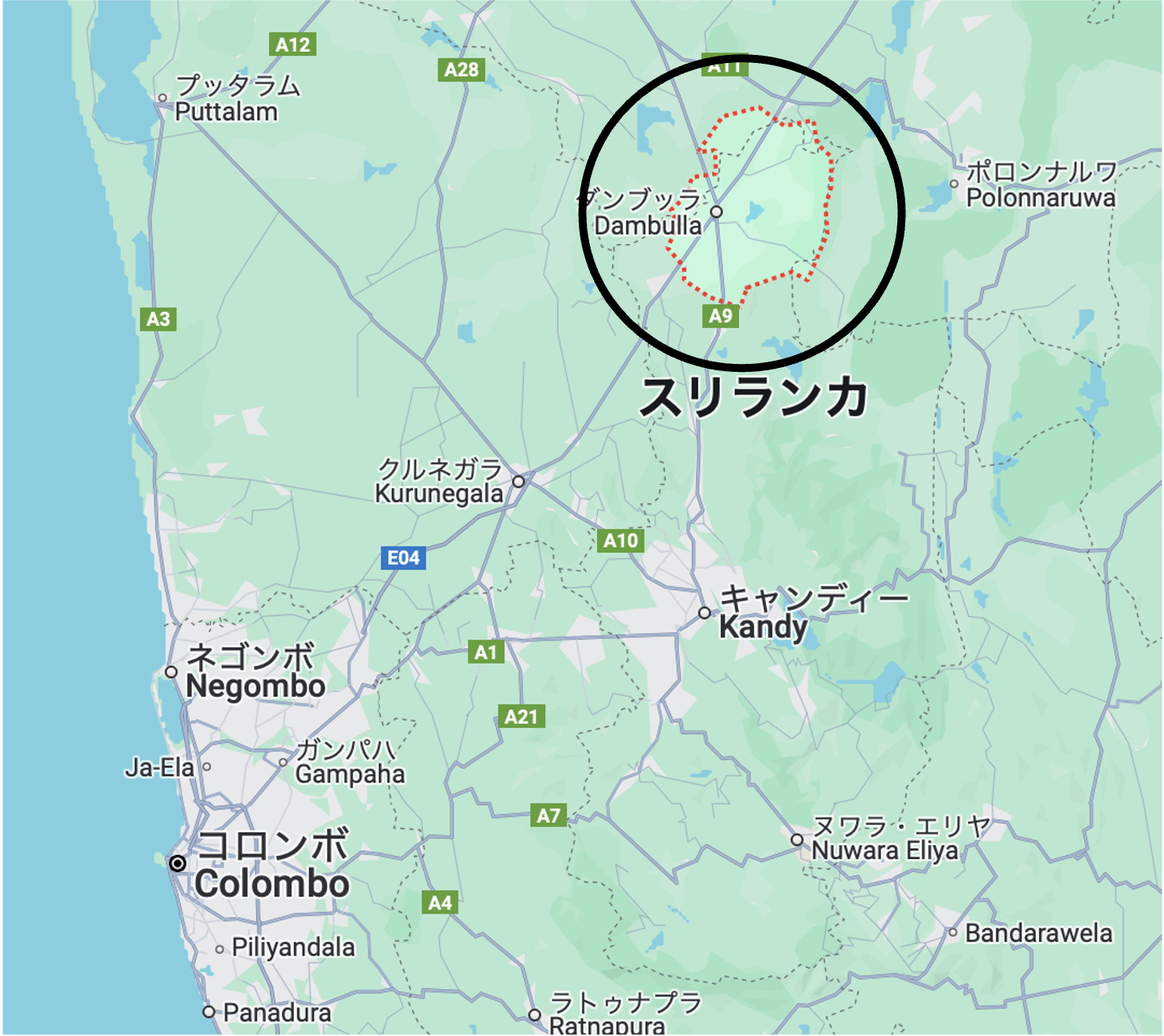 スリランカ中部にあるダンブッラの位置を示した地図。コロンボやキャンディとの位置関係もわかる